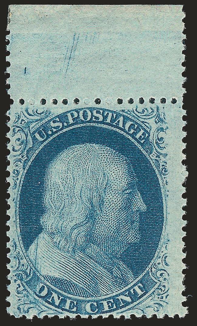 1c Blue, Ty. V (24).> Position 3L10 with top selvage, shows interesting plate scratches on rear of shoulder, also scratches in selvage, Very Fine, Scott Retail as hinged