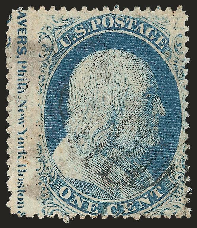 1c Blue, Ty. V (24).> Position 51L9 with <captured imprint and trace of plate no.> in margin at left, bright color, two cancels, Fine, scarce with the captured imprint which also shows part of the plate no.,
with 2006 P.F. certificate