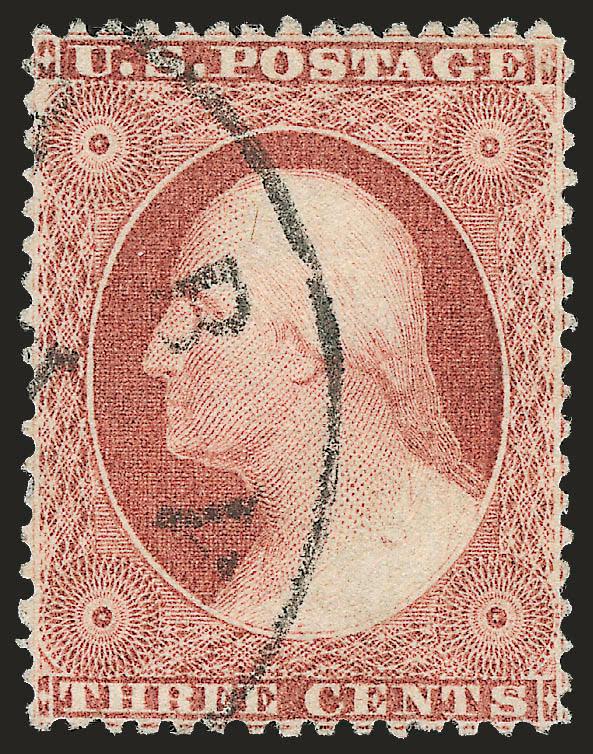 3c Claret, Ty. I (25 var).> Bright shade, well-balanced margins for this difficult issue, neat strike of circular datestamp, Very Fine and choice example of this shade variety, with 2004 P.F. certificate