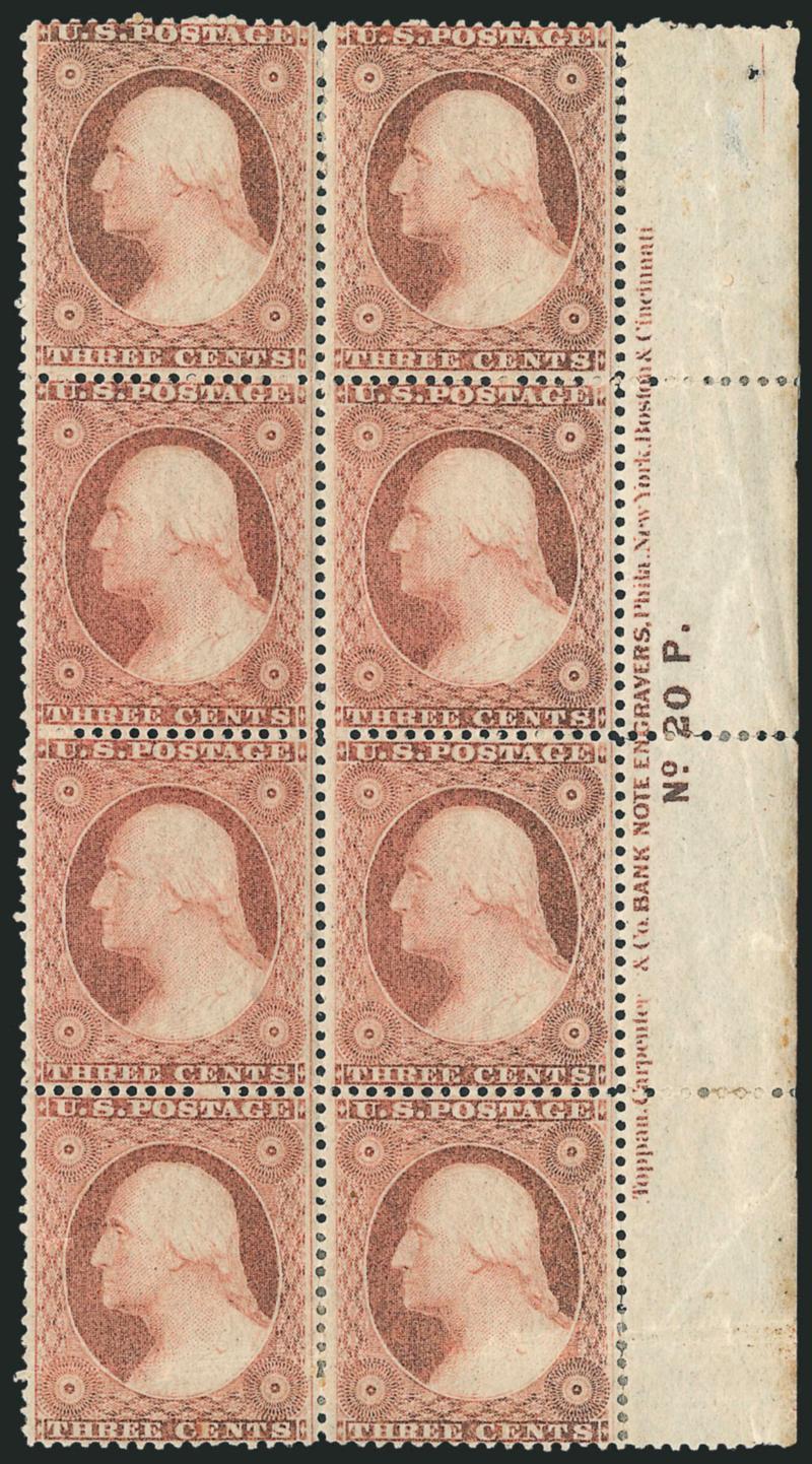 3c Dull Red, Ty. III (26).> Right imprint and plate no. 20 block of eight, original gum, few small h.r. where few perf separations sensibly reinforced, bottom pair and selvage with few creases<><>^VERY FINE
APPEARANCE. A SCARCE PLATE BLOCK OF THE 1