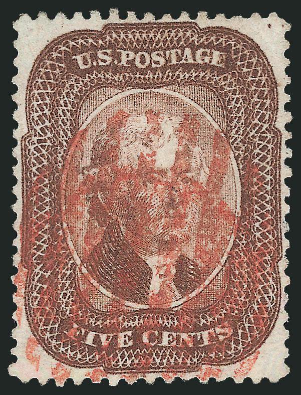 5c Brown (29).> A Relief from the top row of the plate, rich color and proof-like impression on bright paper, beautifully centered with wide margins all around which are well clear of the outer projections of
the design, bold strikes of red grid ca