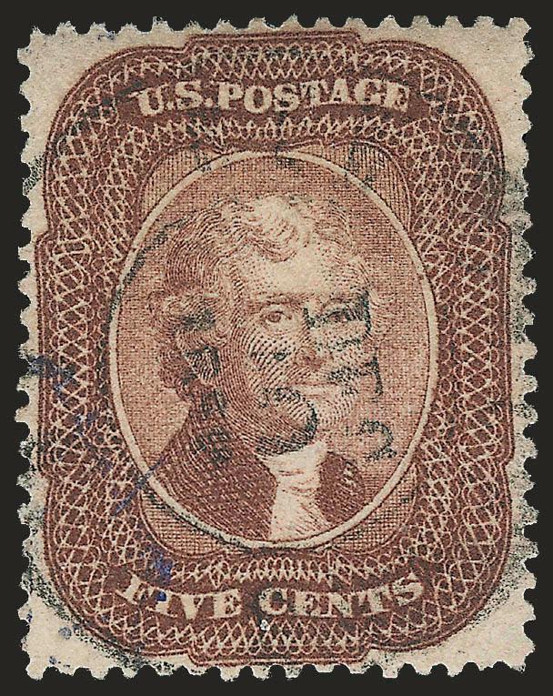 5c Brown (29).> Fabulous centering and rich color, black circular datestamp and light <ultramarine> French transit, Extremely Fine, ultramarine cancel listed but unpriced, with 2008 P.S.E. certificate (XF 90
SMQ $1,150.00 as ordinary cancel)