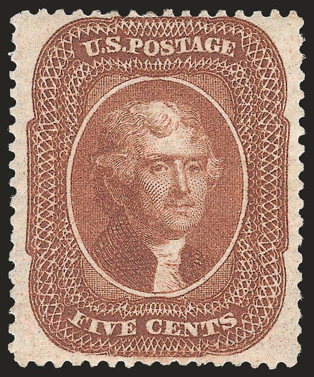 5c Orange Brown, Ty. II (30).> Original gum, lightly hinged, vibrant color and crisp impression, essentially perfectly centered<><>^EXTREMELY FINE ORIGINAL-GUM EXAMPLE OF THE 1860 5-CENT ORANGE BROWN TYPE
II.^<><>with 2009 P.S.E. certificate (OGp