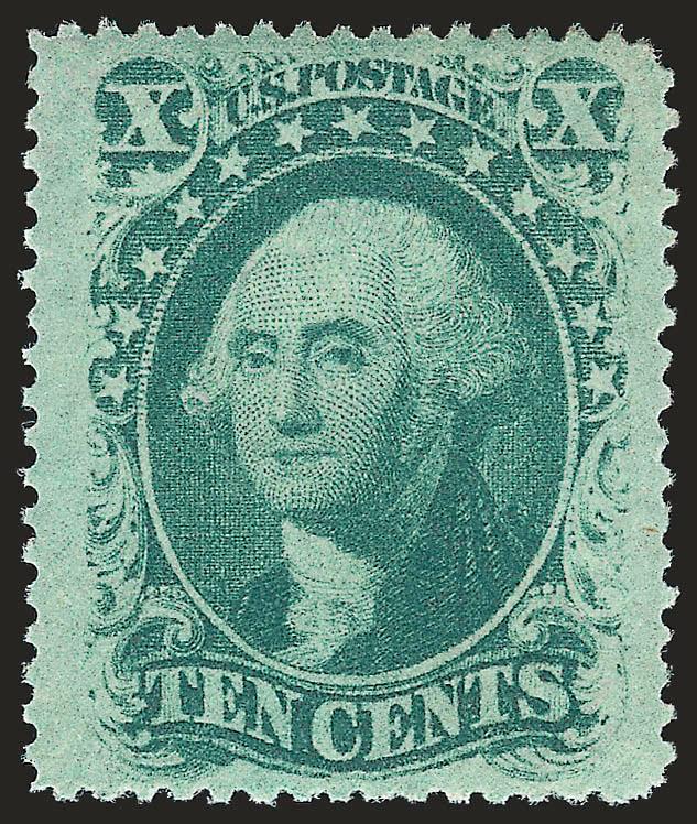 10c Green, Ty. V (35).> Original gum, faintly hinged, exceptionally wide margins with lovely bright color, Extremely Fine, with 2008 P.F. certificate (OGph, XF 90)