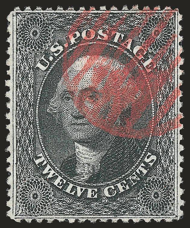 12c Black, Plate 1 (36).> Intense shade and impression, choice centering, vivid <red grid> cancel, Extremely Fine, with 1987 P.F. certificate