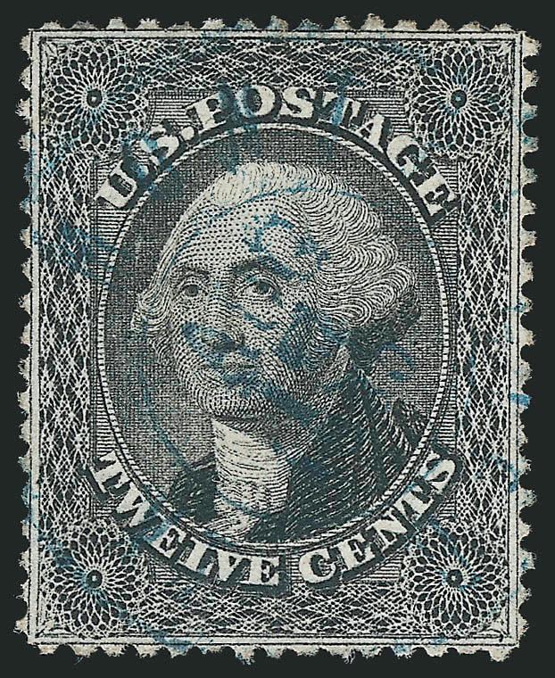 12c Black, Plate 1 (36).> Exceptionally well-centered, light blue double-circle datestamp, Very Fine and choice, with 2000 and 2009 P.S.E. certificates (VF-XF 85 SMQ $620.00)