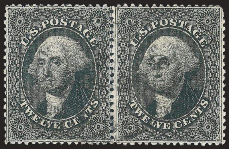 12c Black, Plate 1 (36).> Horizontal pair, well-centered for this tightly-spaced stamp, clear impression and very light unobtrusive circular datestamp, faint diagonal crease bottom left of right stamp,
otherwise Very Fine, with 2008 P.S.E. certificat