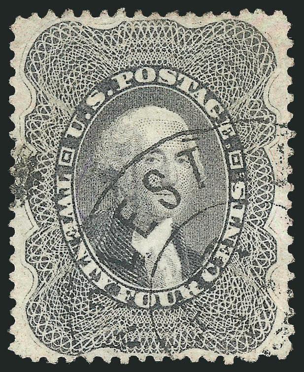 24c Gray Lilac (37).> Exceptionally well-centered with wide margins, neat strike of Charleston double-circle datestamp, Extremely Fine, with 2004 P.F. and 2008 P.S.E. certificates (XF 90 SMQ $1,100.00)