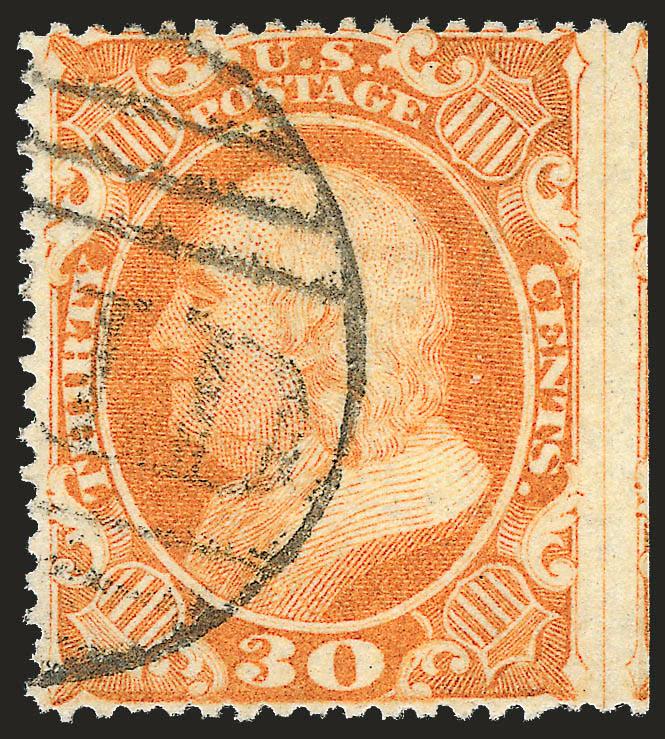 30c Orange (38).> Huge imperforate straddle-pane margin at right showing guideline, Boston large Paid grid cancel, excellent centering, Very Fine and choice, with 2007 P.F. certificate