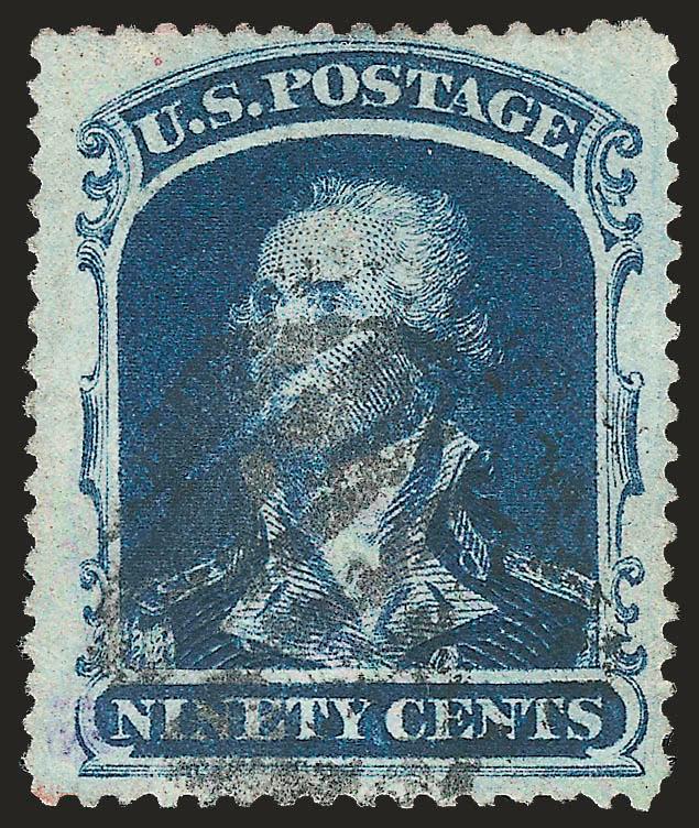 90c Blue (39).> Attractive margins and centering, black cork cancel and tiny trace of red transit, reperfed at right, single pulled perf at top, purple backstamp shows through bottom left (actually barely
noticeable as it blends in with cancel), othe