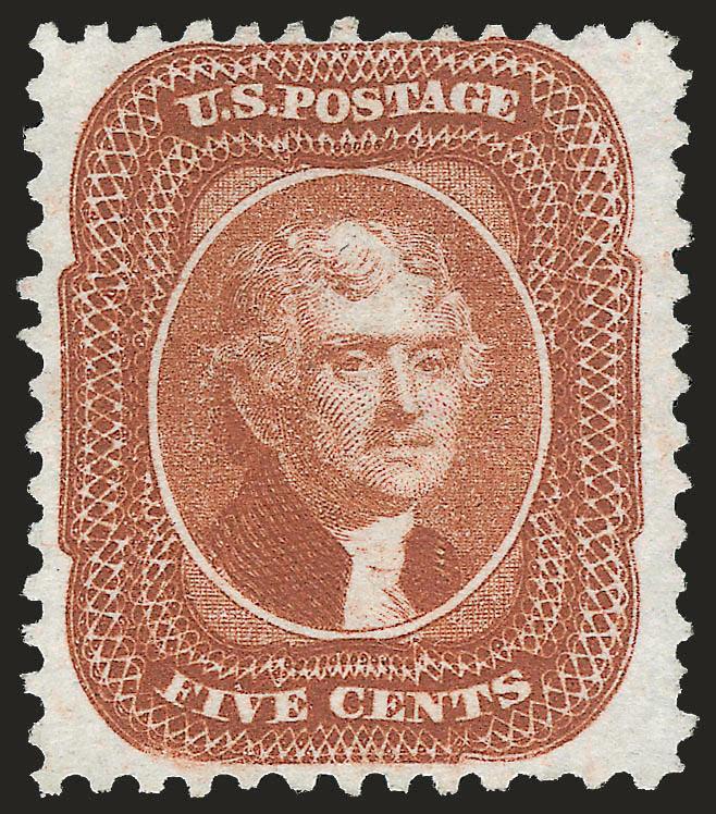 5c Orange Brown, Reprint (42).> Without gum as issued, very well-centered, crisp impression on bright paper, two shorter perfs, otherwise Very Fine, with 2009 P.S.E. certificate