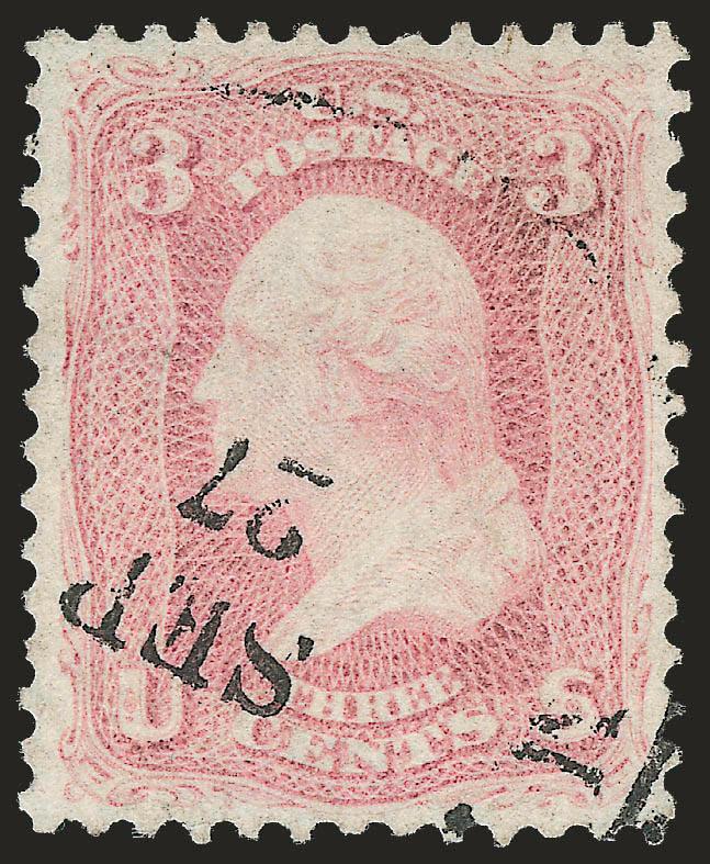 3c Pink (64).> Bright shade with lots of purple in the lathework (this was submitted to the P.F. as a Pigeon Blood), lightly cancelled by circular datestamp with clear Sep 27 date, almost perfectly centered,
tiny corner perf crease, otherwise Extre