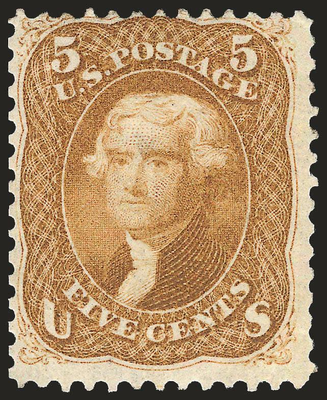 5c Buff (67).> Part original gum, wide margins but centered top left, magnificent deep rich color, reperfed at left<><>^FINE APPEARANCE. AN ATTRACTIVE AND RARE EXAMPLE OF THE 5-CENT 1861 BUFF WITH PART ORIGINAL
GUM.^<><>With 2009 P.S.E. certifica