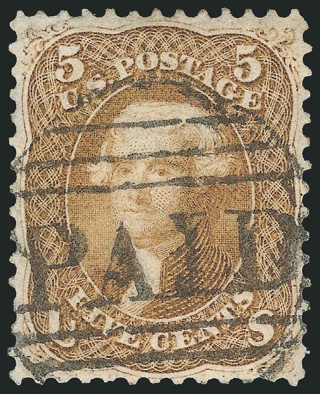 5c Buff (67).> Rich color and detailed impression, choice centering for this difficult issue with perfs clear of the design on all sides, neat strike of large Boston Paid grid, Very Fine and choice, with 2008
P.S.E. certificate (VF-XF 85 SMQ $1,65