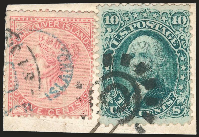 10c Yellow Green (68).> Used with ritish Columbia & Vancouver Island 5c Rose No. 5,> tied together and on piece by San Francisco cogwheel cancel and datestamp, 5c with additional blue Victoria Vancouver Island
Paid oval, Fine and scarce