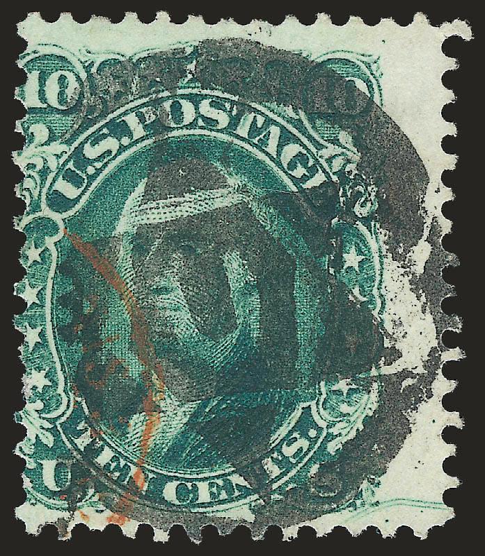 10c Yellow Green (68).> Four singles, cancels incl. magenta circle of wedges, bold numeral 29, New York Star of David with U in center (Union?) in thick rimmed circle and Masonic Square and Compass with G in
center, Fine lot of scarce fancy can