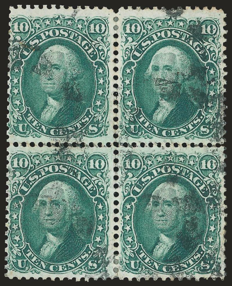 10c Yellow Green (68).> Block of four and horizontal strip of five, former indistinct cancels, latter faint blue cancels (appears unused at a glance plus has a fair amount of original gum remaining), Fine lot
of scarce multiples