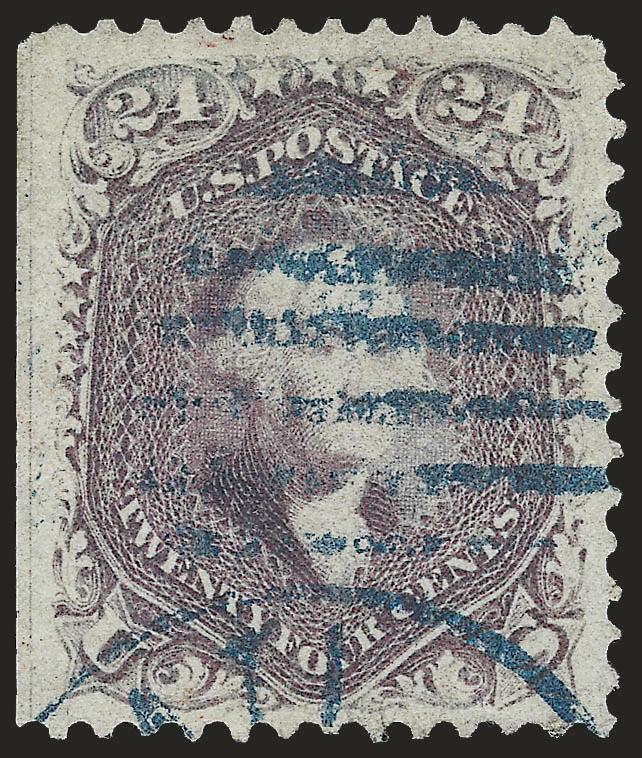 24c Red Lilac (70).> Wide margins incl. <straddle-pane margin> at left, rich color nicely complemented by <blue grid and Cincinnati circular datestamp,> few added perf tips, still Very Fine