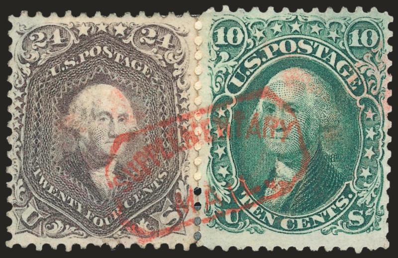 10c Green, 24c Red Lilac (68, 70).> On small piece, tied together by <red Supplementary Mail Ty. A cancel,> additional light red cancels, Very Fine, handsome and very scarce