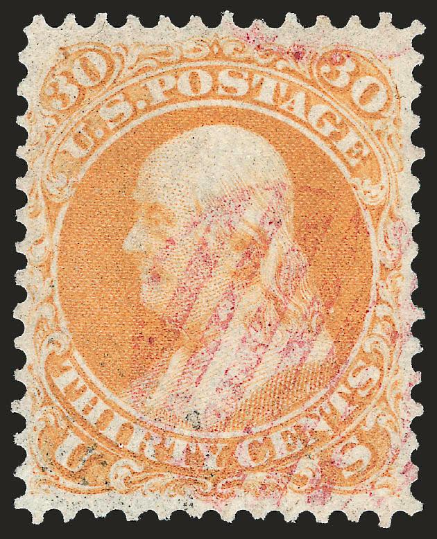 30c Orange (71).> Vibrant color nicely complemented by <red grid> cancel, choice centering with well-balanced margins, Extremely Fine, a pretty stamp, with 2007 P.F. certificate