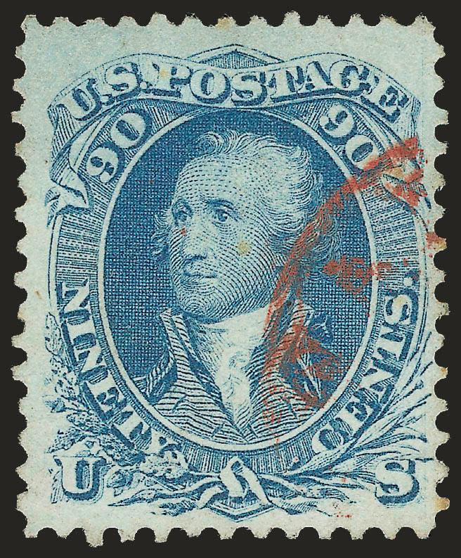 90c Blue (72).> Handsomely centered with lovely soft pastel color, partial <red circular datestamp,> few small toned spots noted on accompanying certificate, Very Fine appearance, a red town datestamp is much
scarcer than a red killer, which we ass