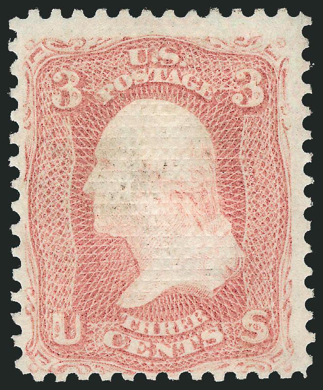 3c Rose, C. Grill (83).> Original gum, nicely centered, clearly defined grill, light pencil notation on gum<><>^FINE AND SCARCE ORIGINAL-GUM EXAMPLE OF THE 1867 3-CENT C GRILL.^<><>With 1988 P.F.
certificate