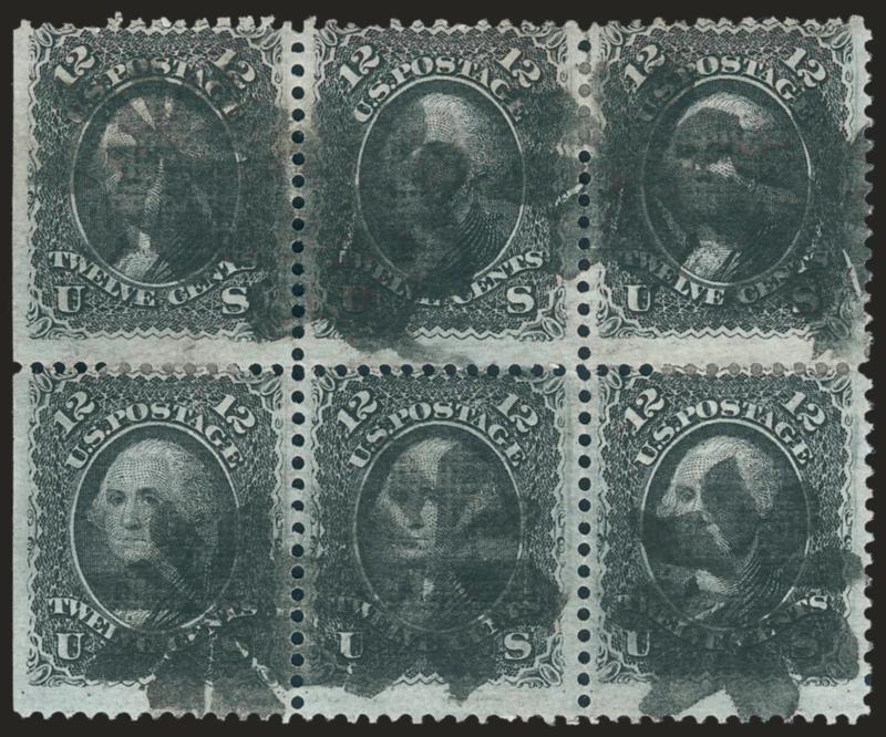 12c Black, E. Grill (90).> Horizontal block of six, wide natural s.e. at left, several strikes of Rosette fancy cancel, deep shade on fresh paper, few perfs sensibly reinforced<><>^FINE. THIS IS THE LARGEST
RECORDED USED MULTIPLE OF THE 1868 12-CEN