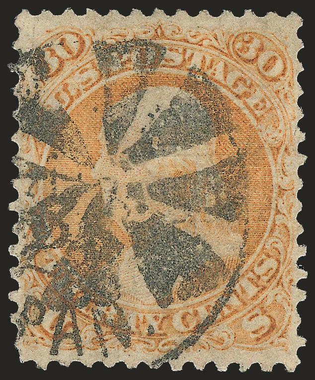 30c Orange, F. Grill (100).> Bright color, clearly-defined grill, bold strikes of segmented cork and also matching <Yokohama, Japan> circular datestamp, one perf with tiny filled thin (not mentioned on
accompanying certificate), Very Fine appearanc