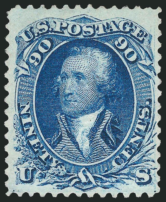 90c Blue, F. Grill (101).> Unused (no gum), three exceptionally wide margins, ample at right, beautiful centering, deep rich color<><>^VERY FINE AND CHOICE. A SCARCE AND EXTREMELY ATTRACTIVE UNUSED EXAMPLE OF
THE 1868 90-CENT F GRILL.^<><>A revie