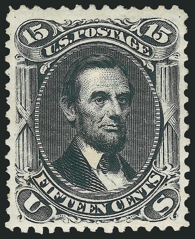 15c Black, Re-Issue (108).> Original gum, intense shade, beautiful centering with well-balanced margins<><>^VERY FINE AND CHOICE ORIGINAL-GUM EXAMPLE OF THE 15-CENT 1866 RE-ISSUE.^<><>Only 397 sold. With 1974
P.F. certificate