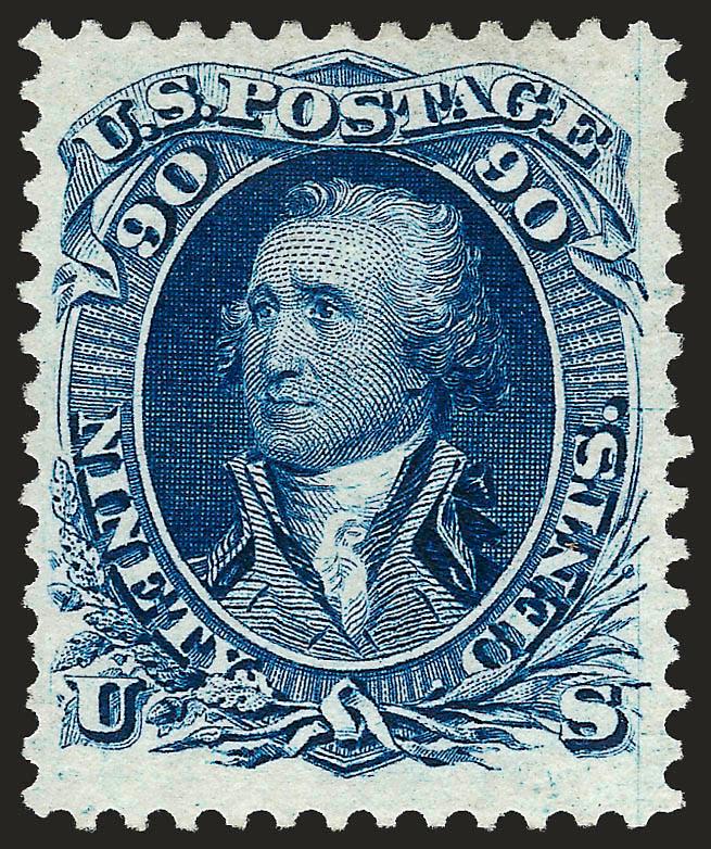 90c Blue, Re-Issue (111).> Unused (no gum), beautiful color on crisp paper, well-proportioned margins<><>^VERY FINE AND CHOICE UNUSED EXAMPLE OF THE 90-CENT 1861 RE-ISSUE.^<><>Only 317 sold. With 2000 P.F.
certificate