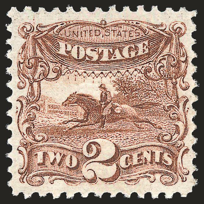 2c Brown (113). Mint N.H.,> balanced margins and nicely centered, beautiful rich color on bright paper<><>^EXTREMELY FINE. A RARE EXAMPLE OF THE 2-CENT 1869 PICTORIAL IN MINT NEVER-HINGED CONDITION.^<><>With
2008 P.S.E. certificate (VF-XF 85 SMQ
