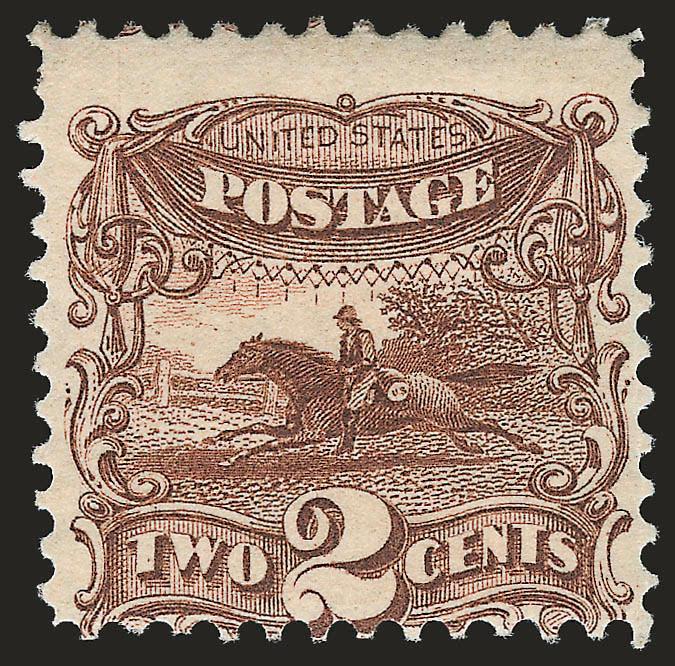 2c Brown, Without Grill (113b).> Original gum, fresh, deep rich color, Very Good, rare and seldom-encountered 1869 Pictorial Without Grill variety, with 2004 P.F. certificate