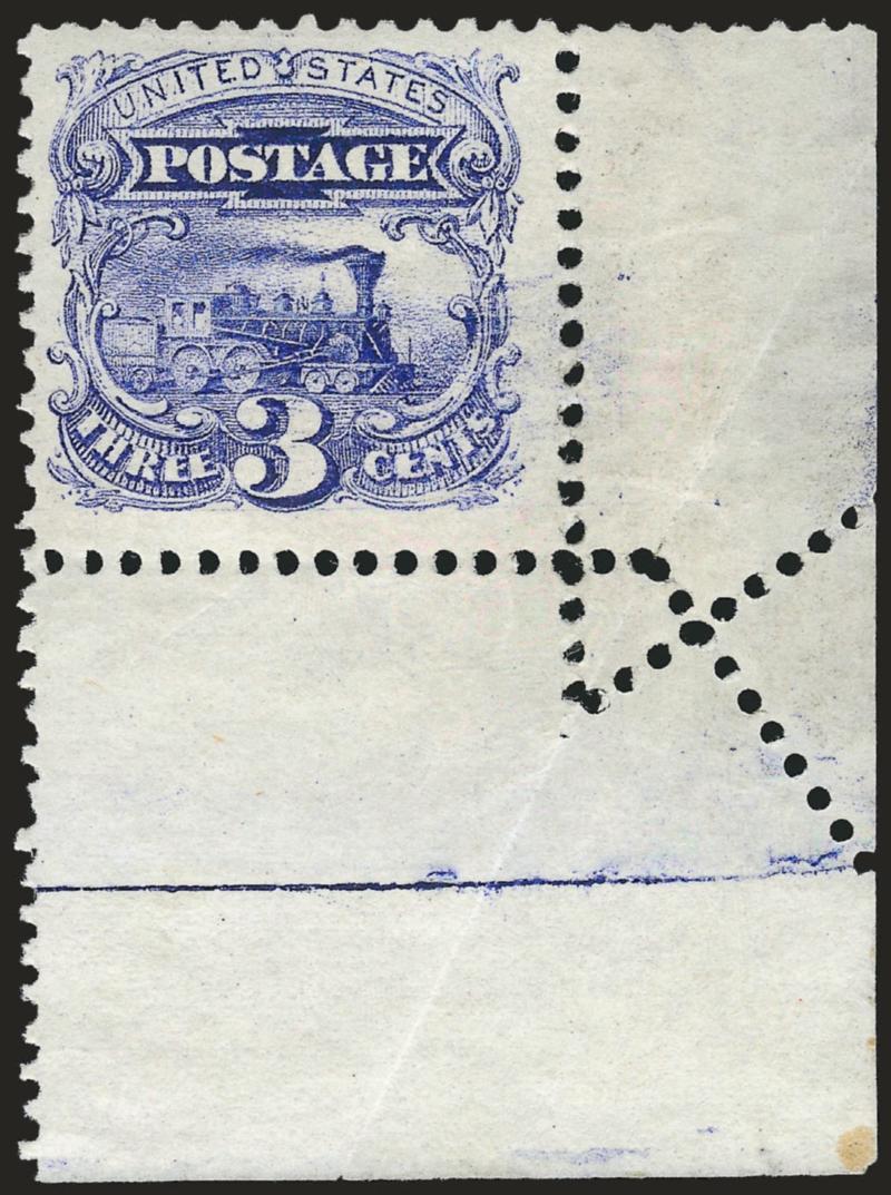 3c Ultramarine (114).> Original gum, barest trace of what may be hinging, <bottom right corner selvage with unusual errant perfs> caused by fold-over entirely in the selvage, radiant color, Very Fine and
choice, a beautiful and dramatic-looking stamp