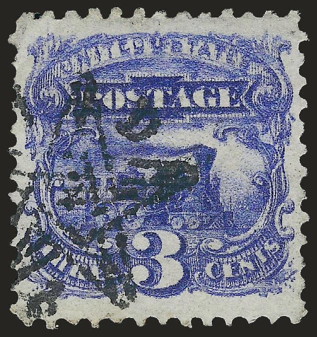 3c Ultramarine (114).> Interesting slightly smudgy impression causing a near doubling of some of the letters at top, bold fancy <5-point star and PAID> cancel, Very Fine and choice