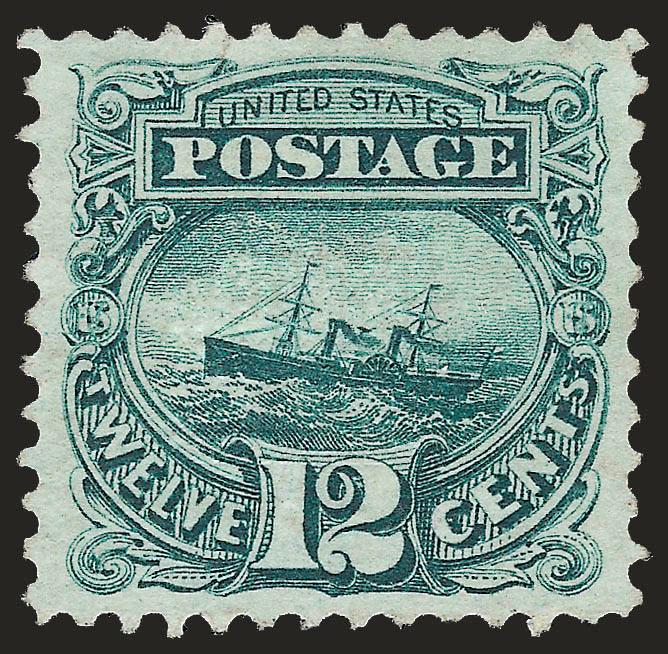 12c Green (117).> Unused (no gum), exceptional margins and centering, rich color with clear impression, Extremely Fine, with 2008 P.S.E. certificate (XF 90 SMQ $1,150.00)