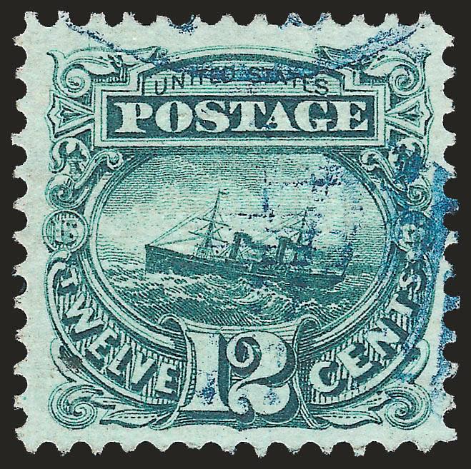 12c Green (117).> Wide margins and well-centered, rich color, lightly struck <blue> grid duplex circular datestamp, Very Fine and choice, with 2008 P.S.E. certificate (VF-XF 85 SMQ $260.00 as black
cancel)