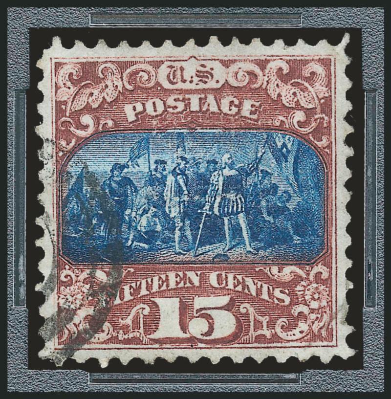 15c Brown & Blue, Ty. II (119).> Pretty shades, wide and balanced margins, unobtrusive cancel leaves entire design clearly visible, Extremely Fine, an attractive stamp, P.S.E. encapsulated (XF 90 SMQ
$680.00)