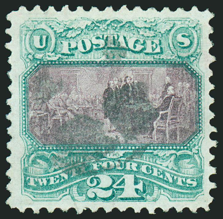 24c Green & Violet, Double Grill (120 var).> Clear second grill, bright color, exceptional centering for this scarce variety with wide and well-balanced margins, unobtrusive strike of cork cancel leaves
vignette clearly visible<><>^EXTREMELY FINE.