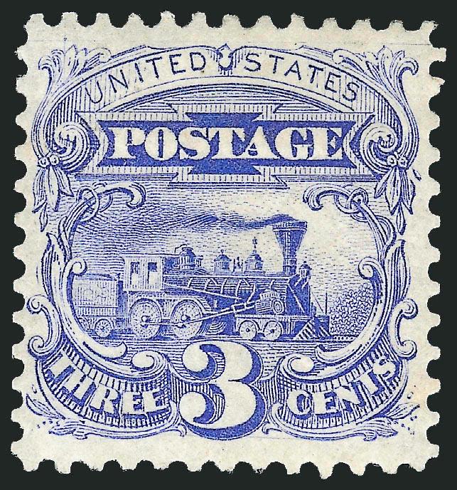 3c Blue, Re-Issue (125).> Original gum, unusually choice centering, beautiful shade and proof-like impression<><>^VERY FINE. A RARE SOUND AND WELL-CENTERED ORIGINAL-GUM 3-CENT 1869 RE-ISSUE.^<><>Original sales
figures show that among the 1869 Pic
