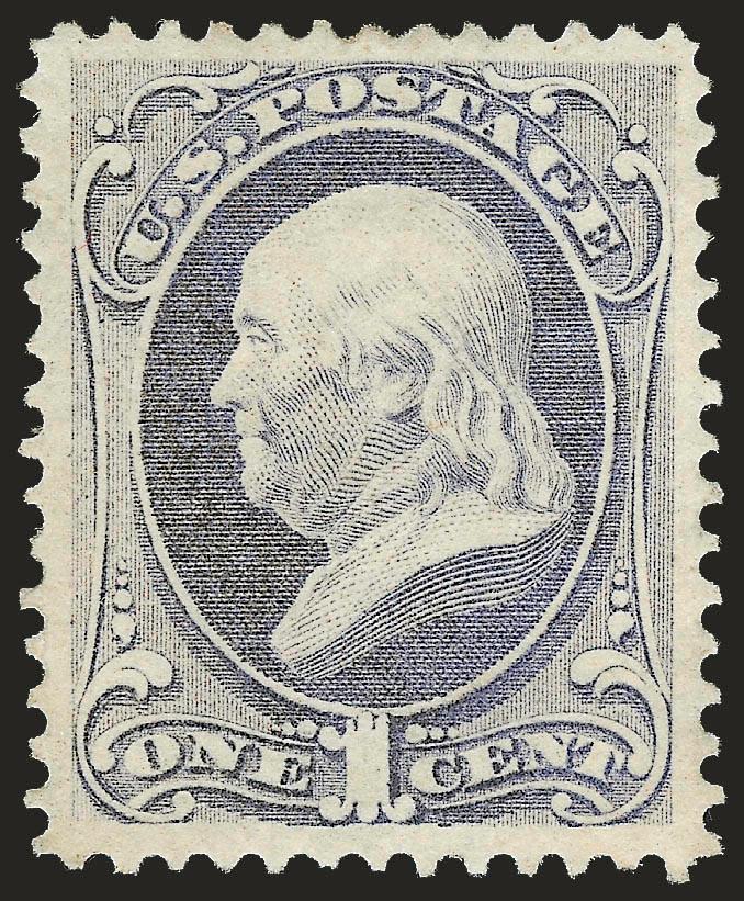 1c Gray Blue (145 var).> Original gum, lightly hinged, brilliant color in this distinctive and scarce sub-shade on bright paper, well-balanced margins<><>^EXTREMELY FINE. A BEAUTIFUL ORIGINAL-GUM EXAMPLE OF THE
1870 ONE-CENT NATIONAL BANK NOTE COMP
