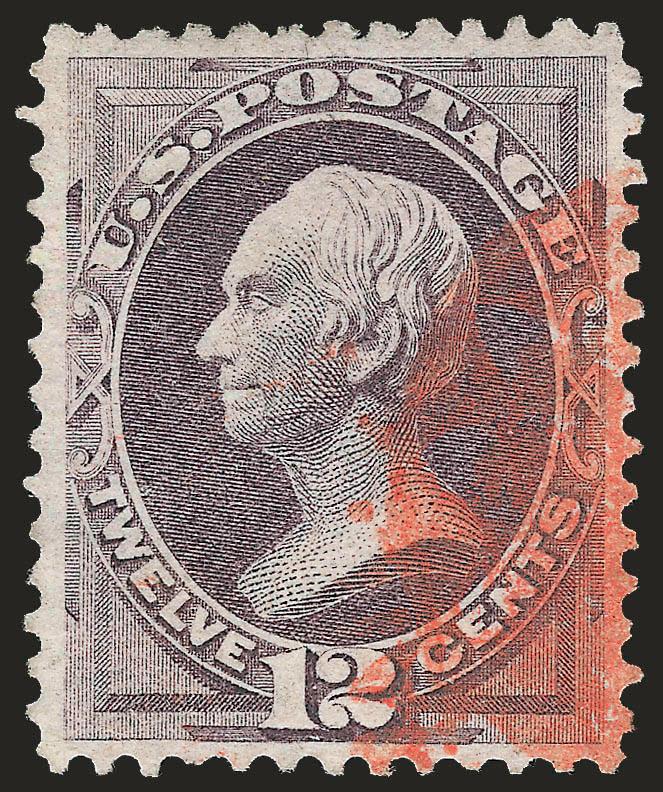12c Dull Violet (151).> Bright shade nicely complemented by strike of <red New York Foreign Mail cancel,> choice centering with wide, balanced margins, Extremely Fine Gem, a beautiful example of the ungrilled
12c National Bank Note Company Issue with