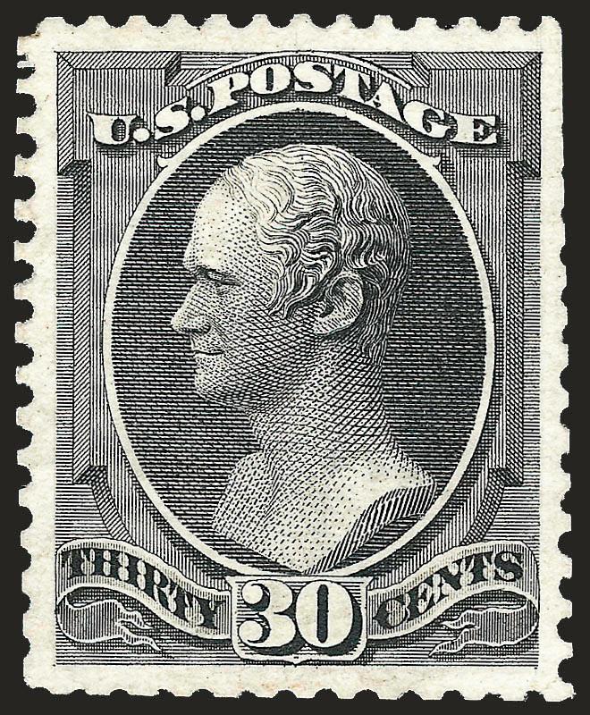 30c Gray Black (165).> Unused (no gum), uncharacteristically wide margins and perfectly centered, separated from the sheet by scissors blunting some perfs slightly and trimming a few at top right, intense color
and incredibly sharp impression, Extrem