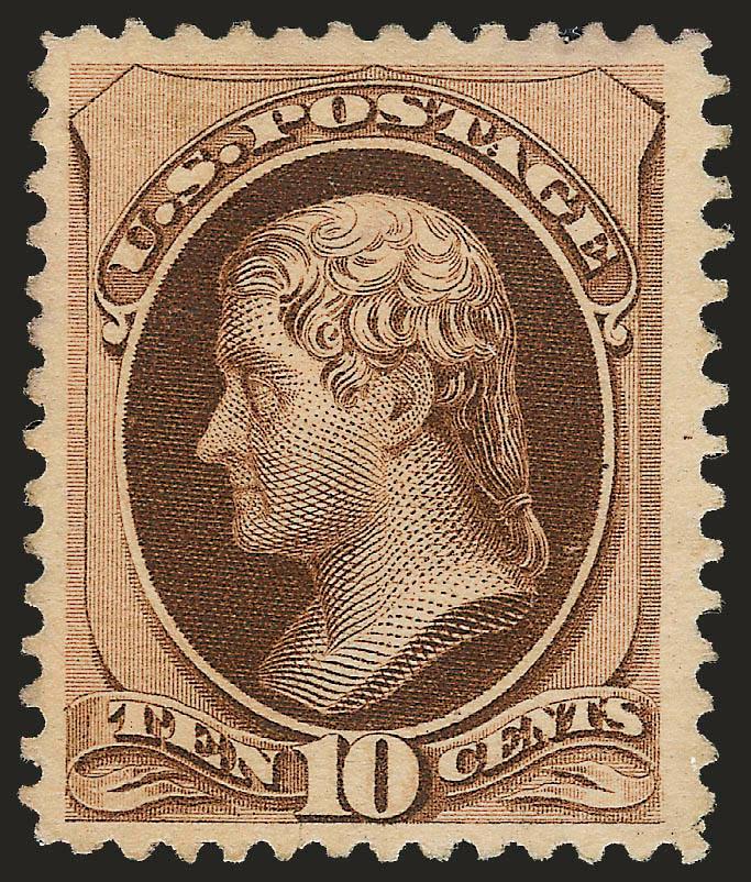 10c Brown, With Secret Mark (188).> Original gum, lightly hinged, warm shade, long and full perforations<><>^VERY FINE ORIGINAL-GUM EXAMPLE OF THE 1879 10-CENT AMERICAN BANK NOTE ISSUE WITH SECRET
MARK.^<><>With 2001 P.F. and 2005 P.S.E. certific