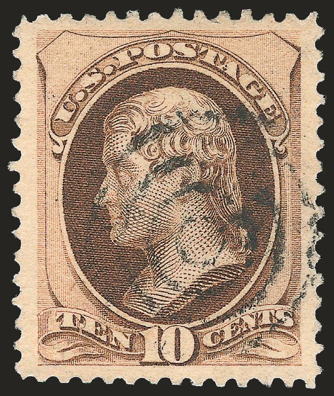10c Brown, With Secret Mark (188).> Choice wide and balanced margins, unobtrusive strike of target cancel, Extremely Fine Gem, with 2005 P.S.E. certificate (XF-Superb 95 SMQ $365.00), only four have graded
higher to date