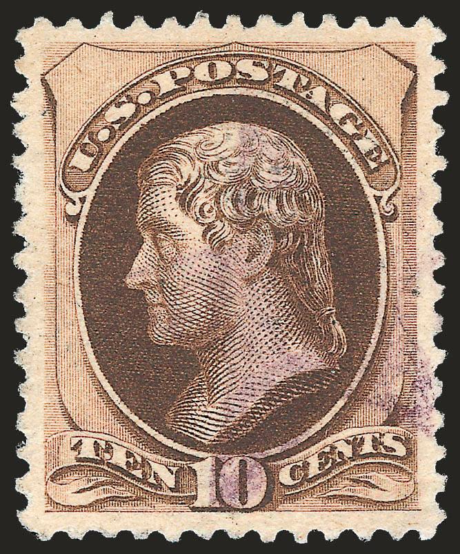 10c Brown, With Secret Mark (188).> Beautiful wide margins and essentially perfect centering, <purple> cancel, Extremely Fine Gem, with 1987 and 2002 P.F. and 2005 P.S.E. certificates (XF-Superb 95 SMQ
$365.00), only four have graded higher to date
