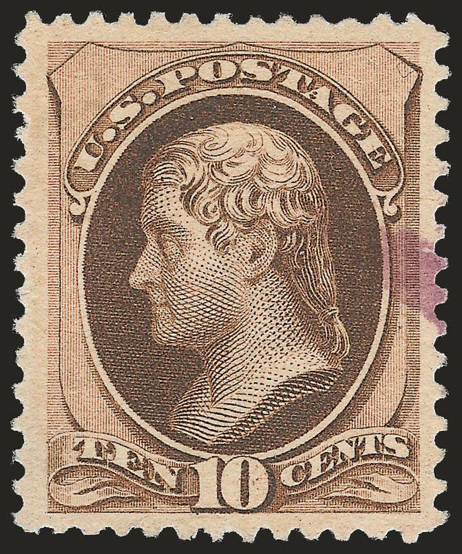 10c Brown, With Secret Mark (188).> Jumbo margins, almost perfectly centered, pristine color and impression, face-free small <purple> cancel at right, Extremely Fine, with 2009 P.S.E. certificate (XF 90 Jumbo
SMQ $130.00 as 90, $365.00 as 95)