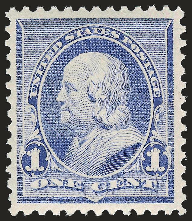 1c Dull Blue (219).> Mint N.H., exceptionally well-centered with wide margins, bright color on crisp paper, Extremely Fine Gem, with 2007 P.S.E. certificate (XF-Superb 95 SMQ $960.00), only two have graded
higher to date and only five others share t
