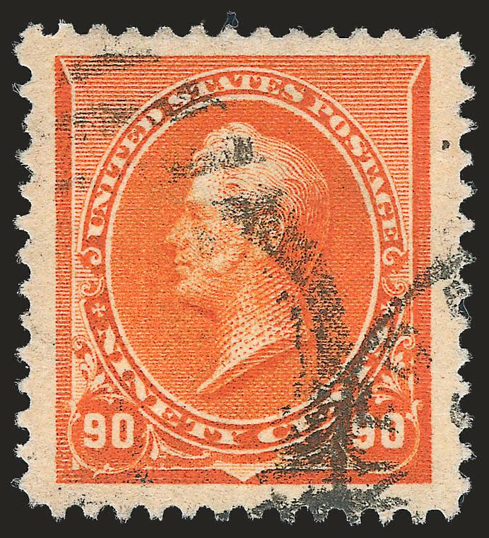 90c Orange (229).> Fabulous Jumbo margins, rich color and reasonably light oval grid duplex cancel, Extremely Fine Gem, with 2009 P.S.E. certificate (XF 90 Jumbo SMQ $280.00 as 90, $840.00 as 95), according to
the P.S.E. Population Report this is on