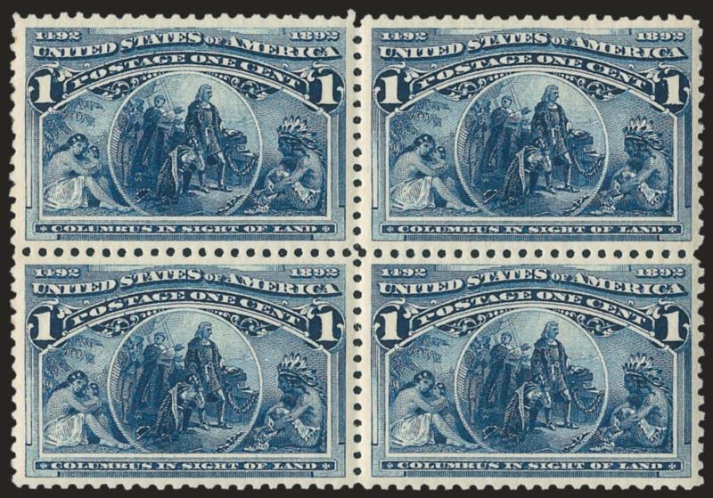 1c Columbian (230).> Block of four, bottom pair Mint N.H., beautifully centered, Extremely Fine